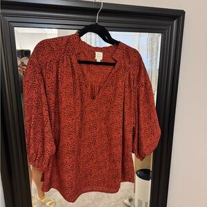 Elegant Red Blouse with Black Pattern